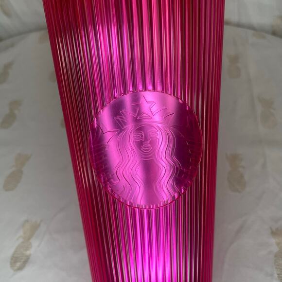 Starbucks Summer 2023 Pleated Neon Magenta Pink 24 oz cold cup tumbler NEW STRAW - Picture 4 of 5